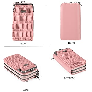 La Marey Pink Faux Leather Pleated Phone Bag with Woven Strap