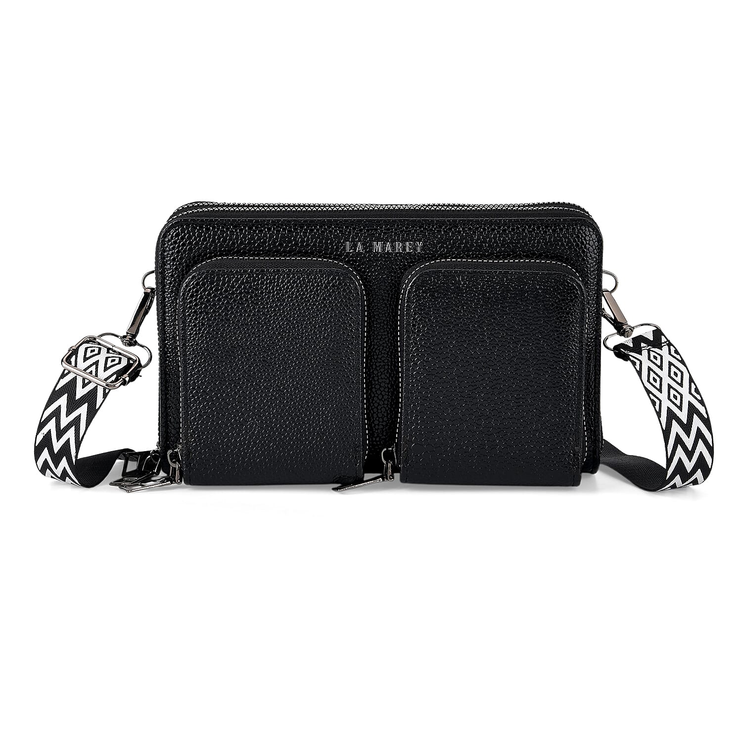 La Marey Sleek Black Snake Pattern Faux Leather Horizontal Wallet with Woven Strap