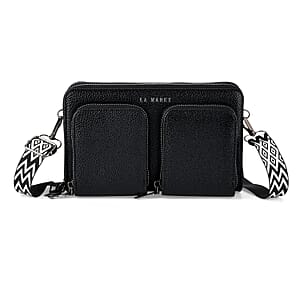 La Marey Sleek Black Snake Pattern Faux Leather Horizontal Wallet with Woven Strap