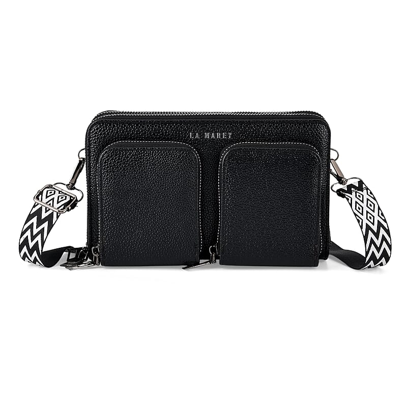 La Marey Sleek Black Snake Pattern Faux Leather Horizontal Wallet with Woven Strap