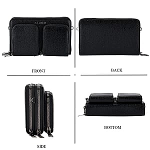 La Marey Sleek Black Snake Pattern Faux Leather Horizontal Wallet with Woven Strap