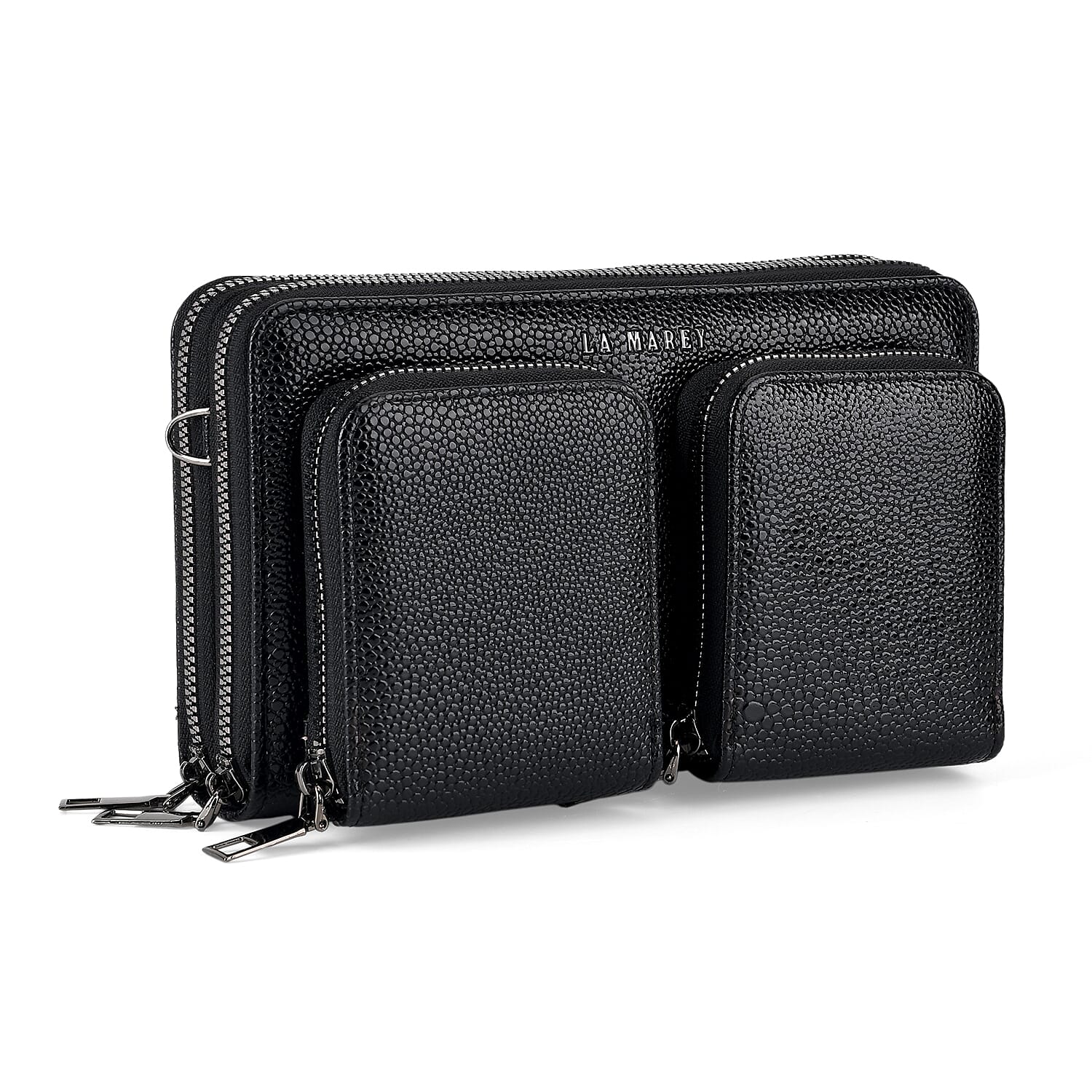 La Marey Sleek Black Snake Pattern Faux Leather Horizontal Wallet with Woven Strap