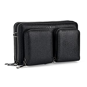 La Marey Sleek Black Snake Pattern Faux Leather Horizontal Wallet with Woven Strap