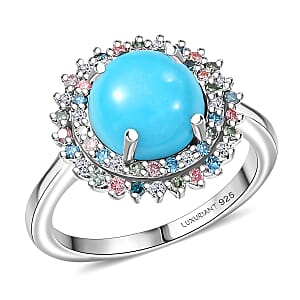 AAA Sleeping Beauty Turquoise and Luxuriant Lab Grown Multi Diamond SI 3.10 ctw Imperial Firework Ring in Rhodium Over Sterling Silver (Size 10.0) (Del. in 12-15 Days) 