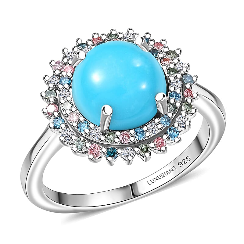 AAA Sleeping Beauty Turquoise and Luxuriant Lab Grown Multi Diamond SI 3.10 ctw Imperial Firework Ring in Rhodium Over Sterling Silver (Size 10.0)