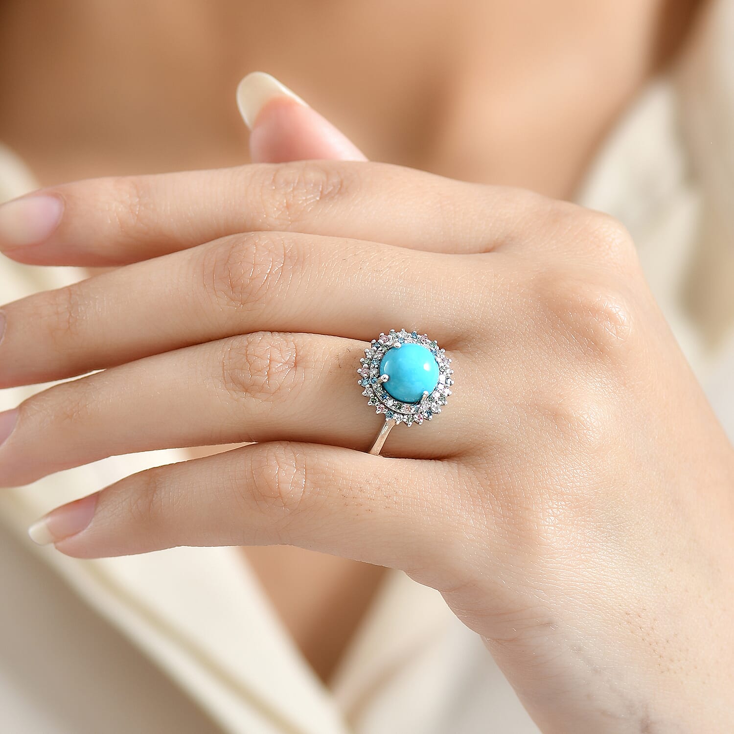 AAA Sleeping Beauty Turquoise and Luxuriant Lab Grown Multi Diamond SI 3.10 ctw Imperial Firework Ring in Rhodium Over Sterling Silver (Size 10.0)