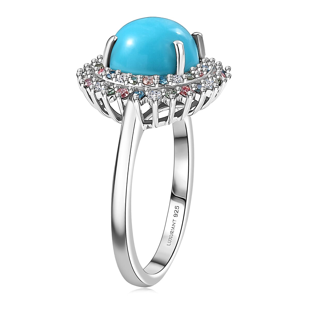 AAA Sleeping Beauty Turquoise and Luxuriant Lab Grown Multi Diamond SI 3.10 ctw Imperial Firework Ring in Rhodium Over Sterling Silver (Size 10.0)