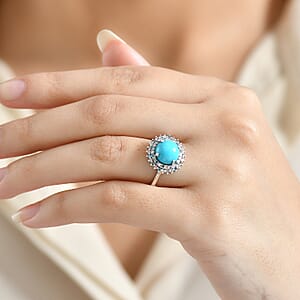 AAA Sleeping Beauty Turquoise, Lab Grown Multi Diamond Ring in Rhodium Over Sterling Silver 3.10 ctw (Size 5.0)