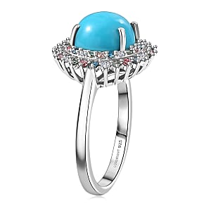 AAA Sleeping Beauty Turquoise, Lab Grown Multi Diamond Ring in Rhodium Over Sterling Silver 3.10 ctw (Size 5.0)