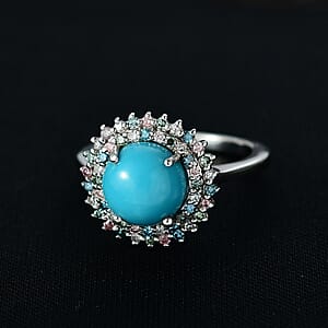 AAA Sleeping Beauty Turquoise, Lab Grown Multi Diamond Ring in Rhodium Over Sterling Silver 3.10 ctw (Size 9.0)