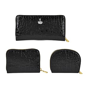 TLV La Marey Black Crocodile Faux Leather 3pcs Giftbox, Wallet and 2pcs Card Wallets 