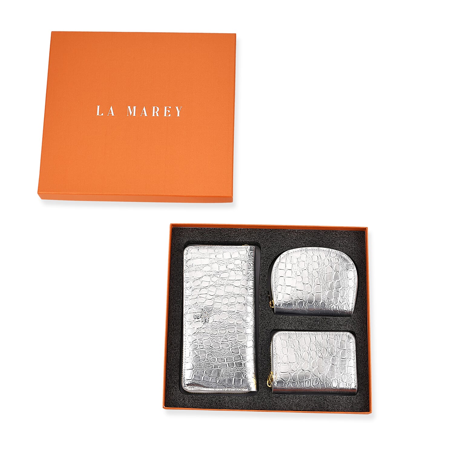 La Marey Silver Crocodile Faux Leather 3pcs Giftbox, Wallet and 2pcs Card Wallets