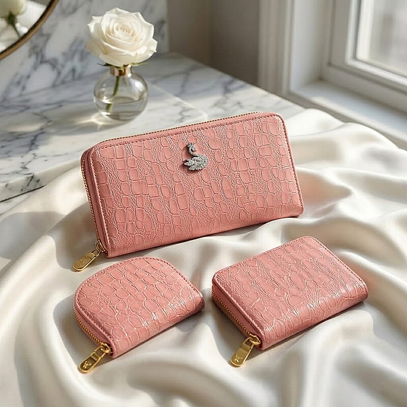 La Marey Pink Crocodile Faux Leather 3pcs Giftbox, Wallet and 2pcs Card Wallets