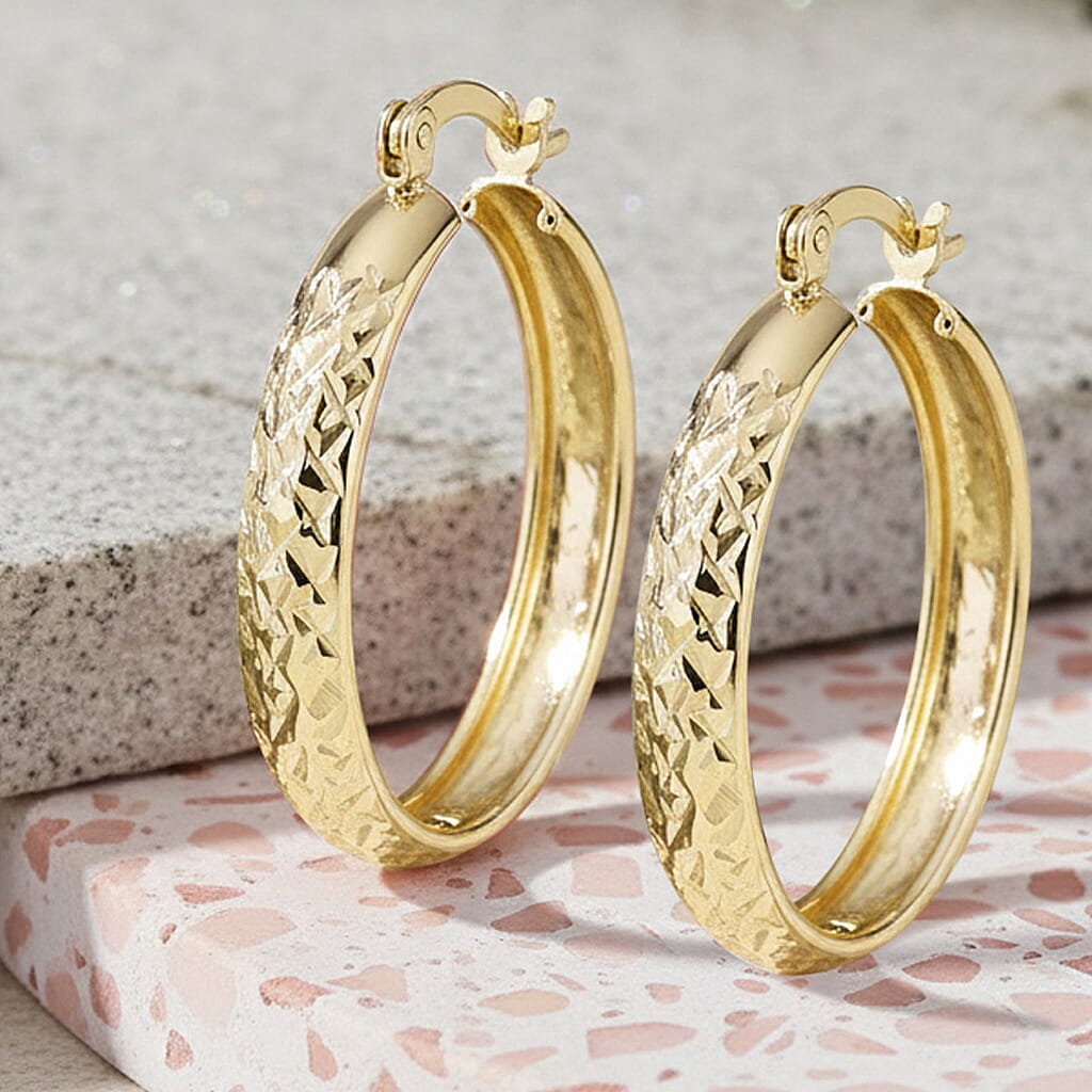 14K Yellow Gold Over Sterling Silver Diamond Cut Hoop Earrings 2.60 Grams