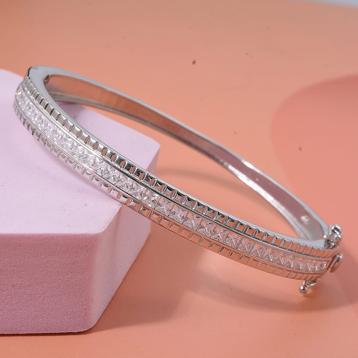 Simulated Diamond 6.00 ctw Bangle Bracelet in Rhodium Over Sterling Silver (7.25 In) image number 1