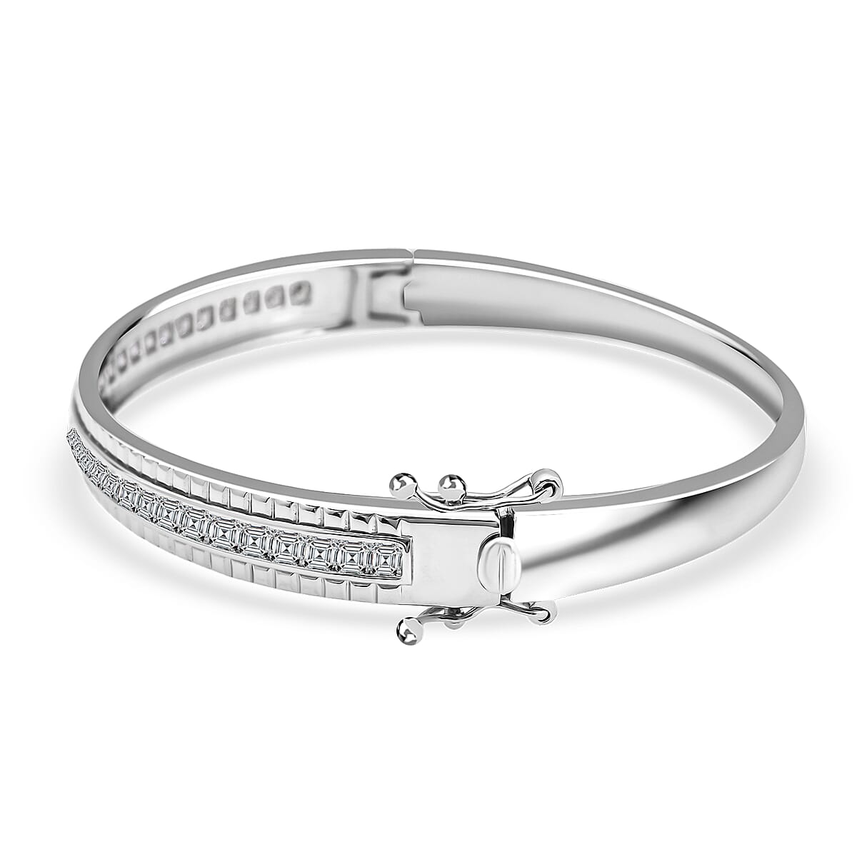 Simulated Diamond 6.00 ctw Bangle Bracelet in Rhodium Over Sterling Silver (7.25 In) image number 3