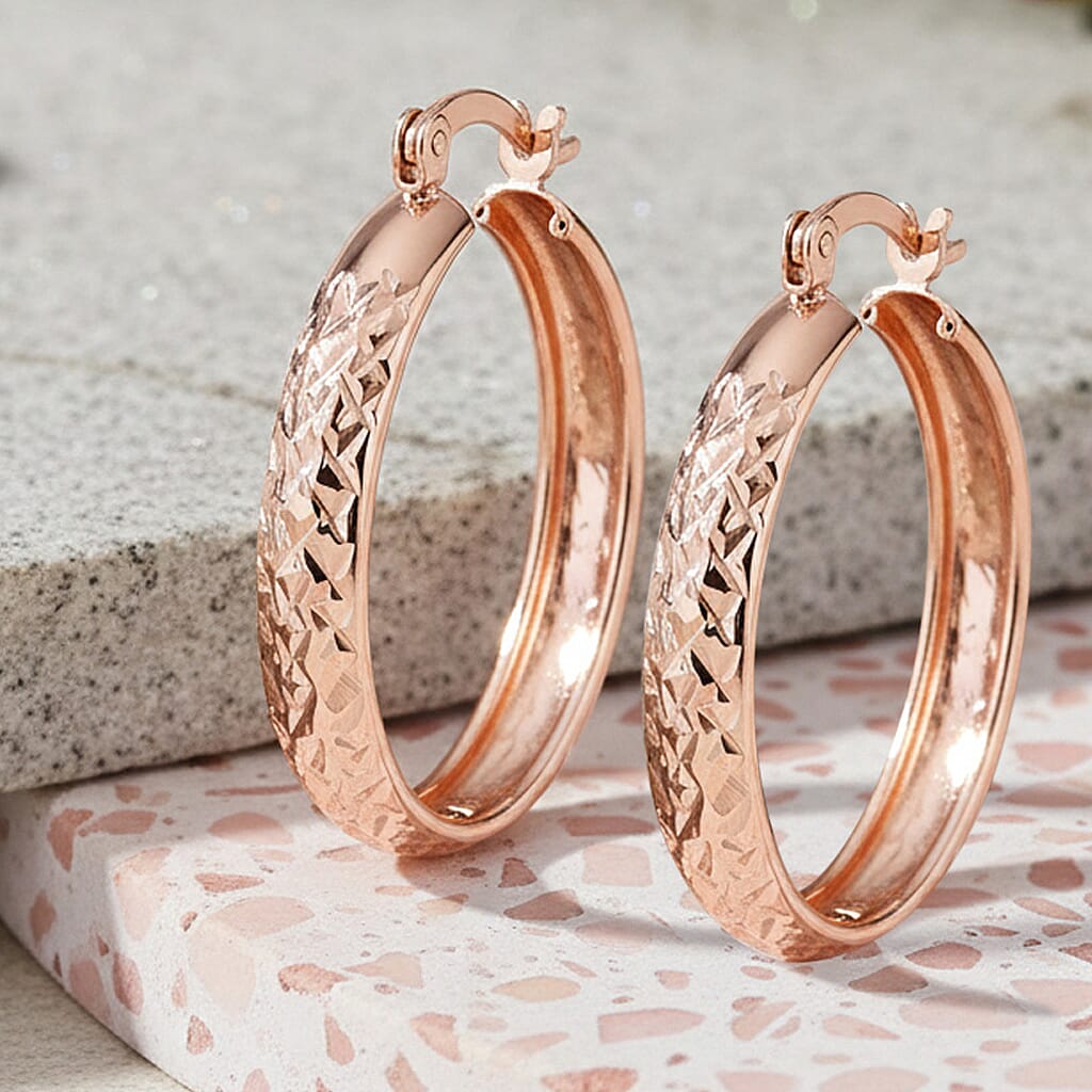 14K Rose Gold Over Sterling Silver Diamond Cut Hoop Earrings 2.60 Grams