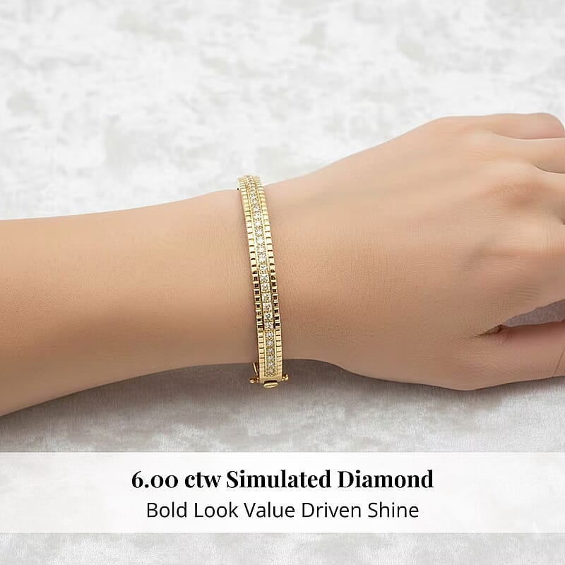 Simulated Diamond 6.00 ctw Bangle Bracelet in 18K Yellow Gold Over Sterling Silver (7.25 In)