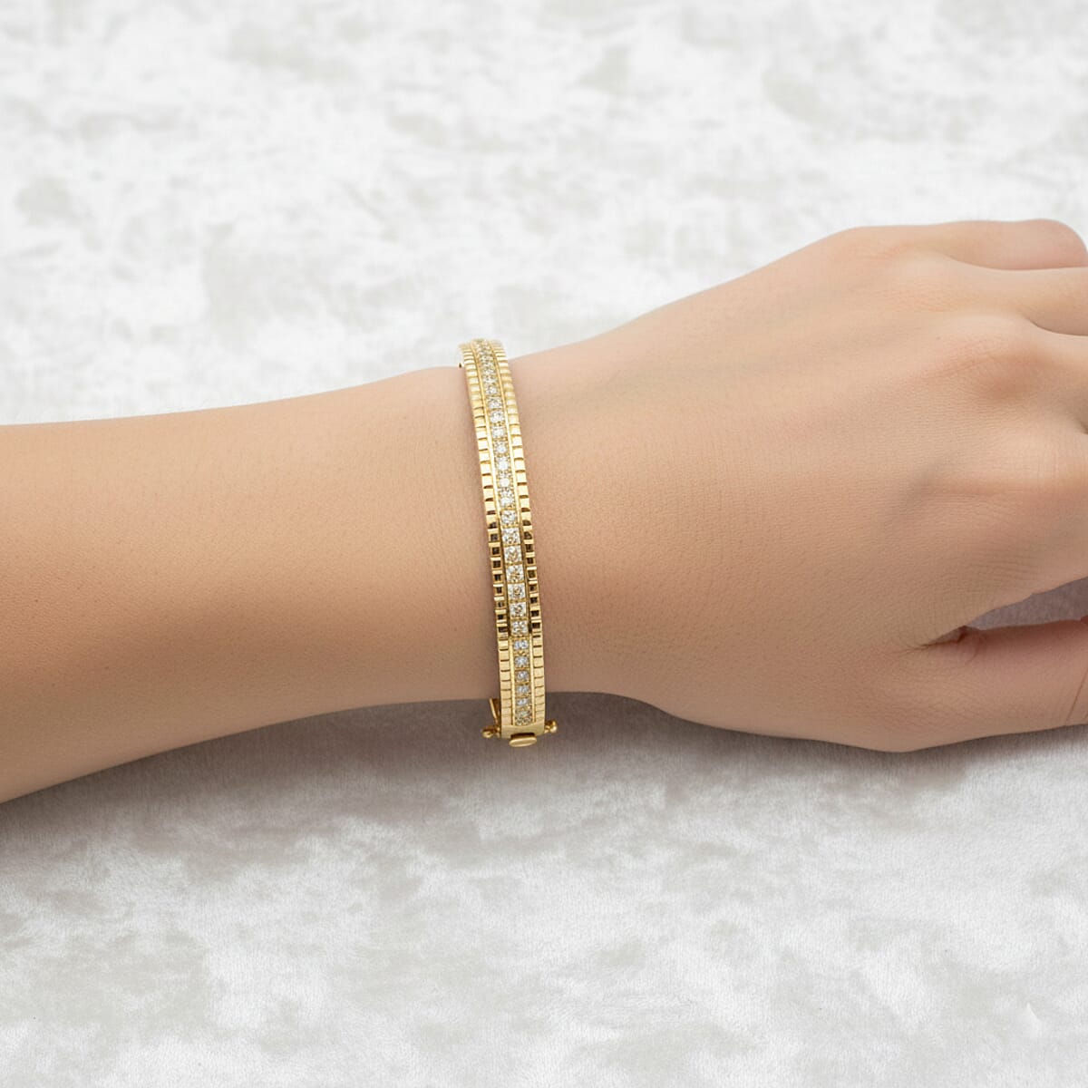 Simulated Diamond 6.00 ctw Bangle Bracelet in 18K Yellow Gold Over Sterling Silver (7.25 In) image number 2