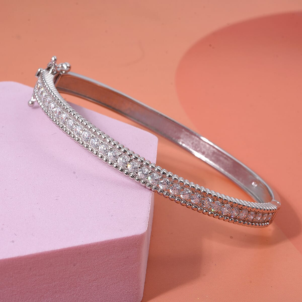 Simulated Diamond 5.90 ctw Bangle Bracelet in Rhodium Over Sterling Silver (7.25 In) image number 1
