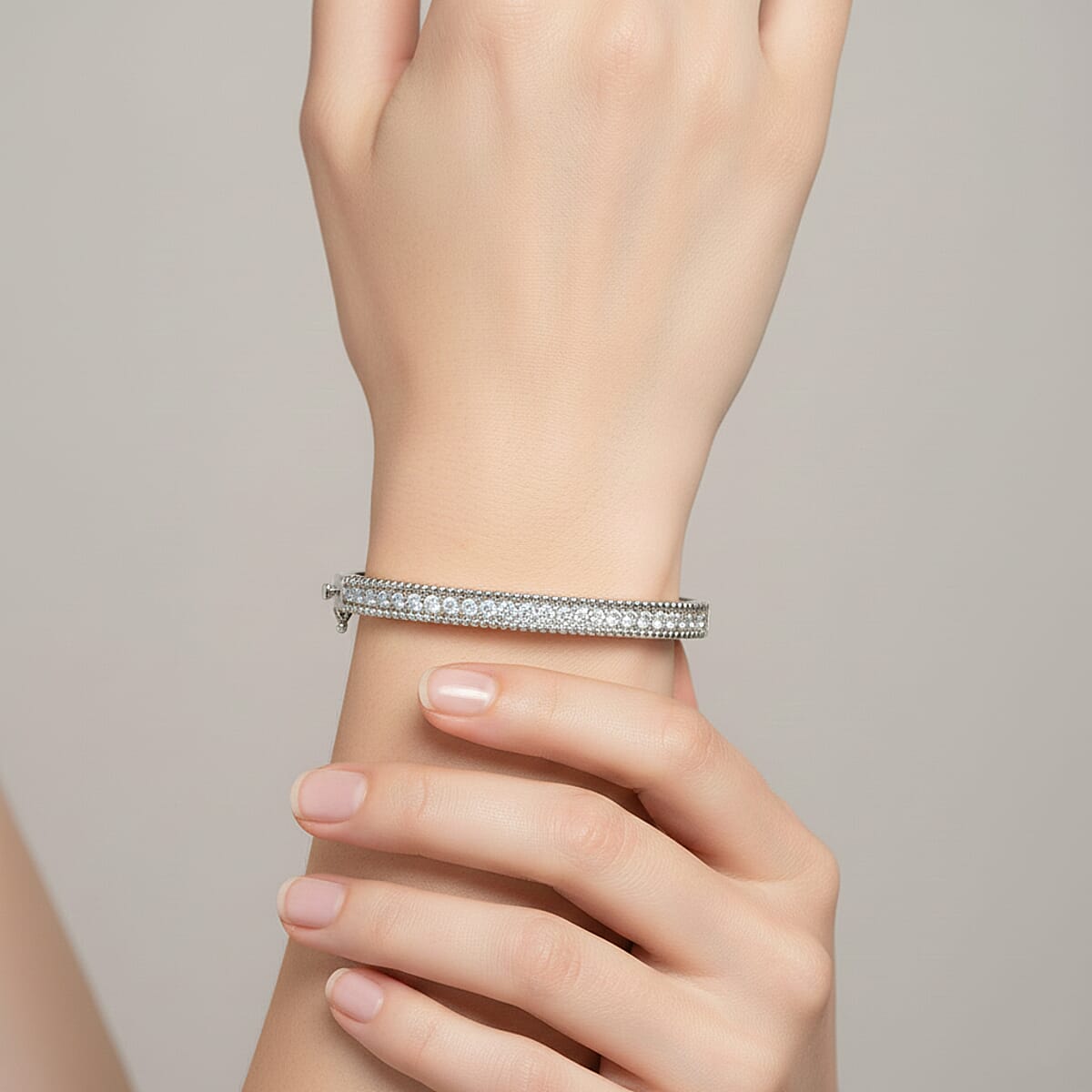 Simulated Diamond 5.90 ctw Bangle Bracelet in Rhodium Over Sterling Silver (7.25 In) image number 2