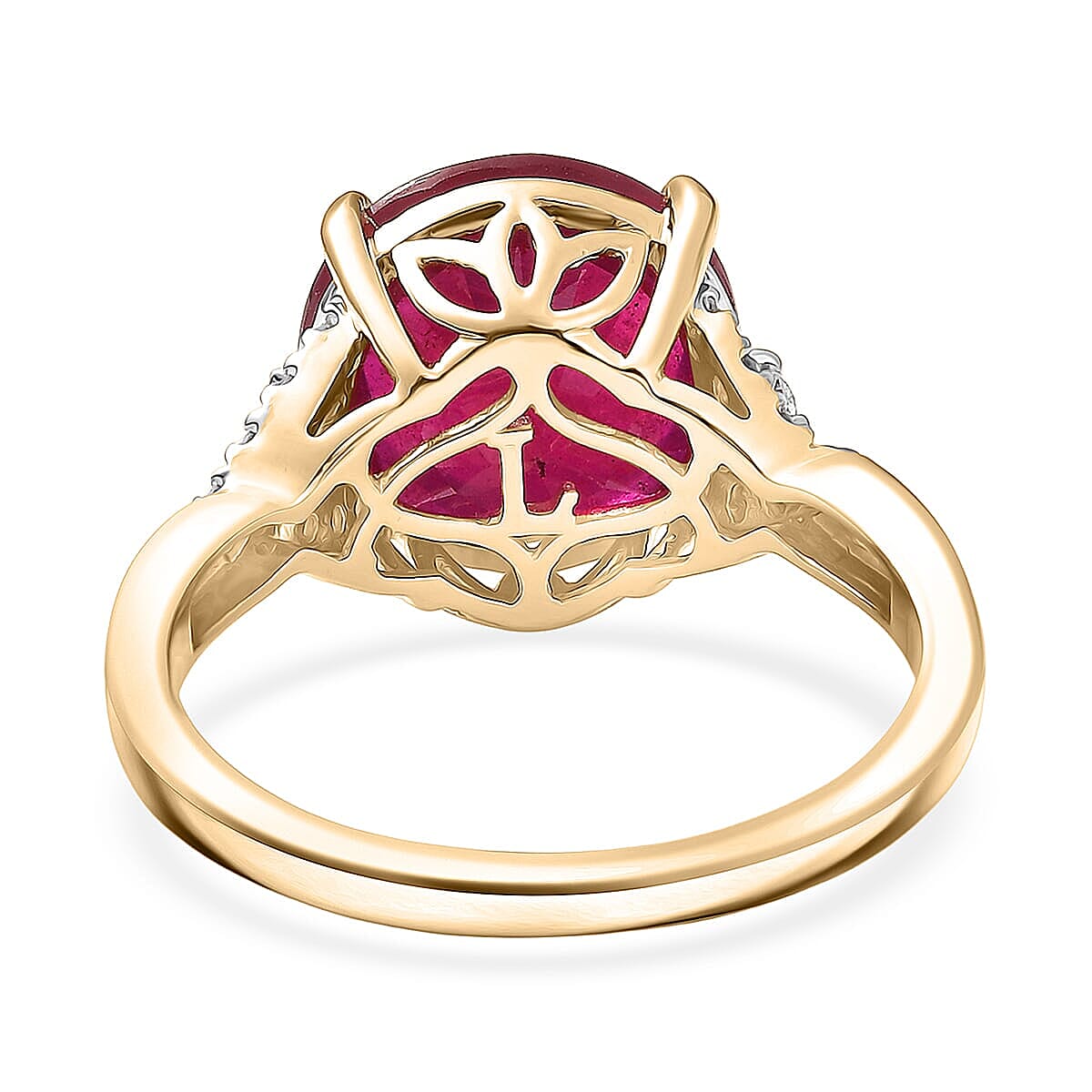 AAA Niassa Ruby (FF) 10.5) and Luxuriant Lab Grown Diamond G-H SI 7.10 ctw Ring in 10K Yellow Gold (Size 10.0) image number 4