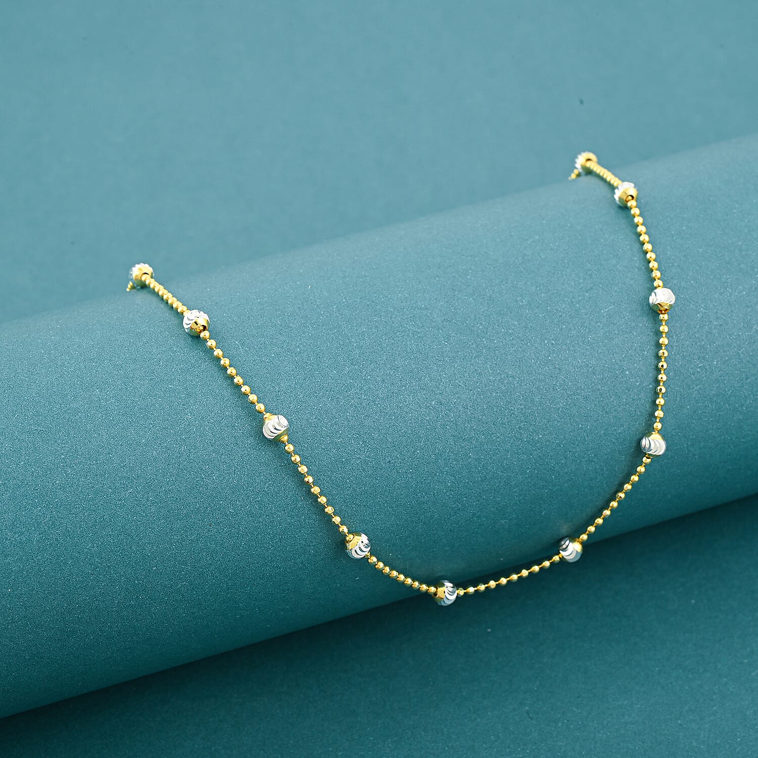 Italian 14K YG Over and Sterling Silver Moon Cut Station Bead Chain Necklace (24 Inches) (1.2mm, 5.18 Grams)