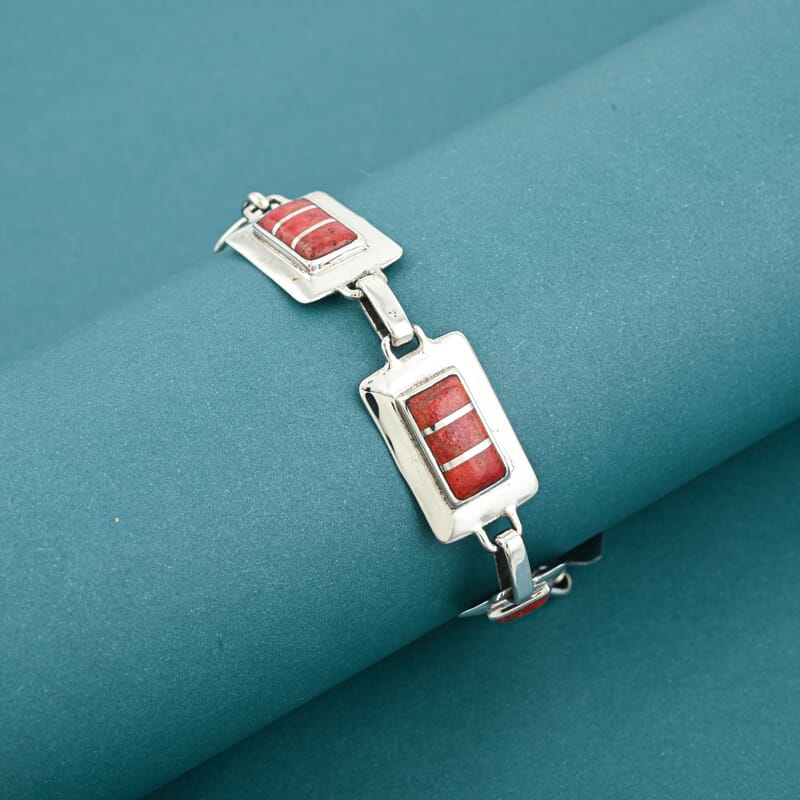Santa Fe Style Red Coral Bracelet in Sterling Silver (8.00 In)