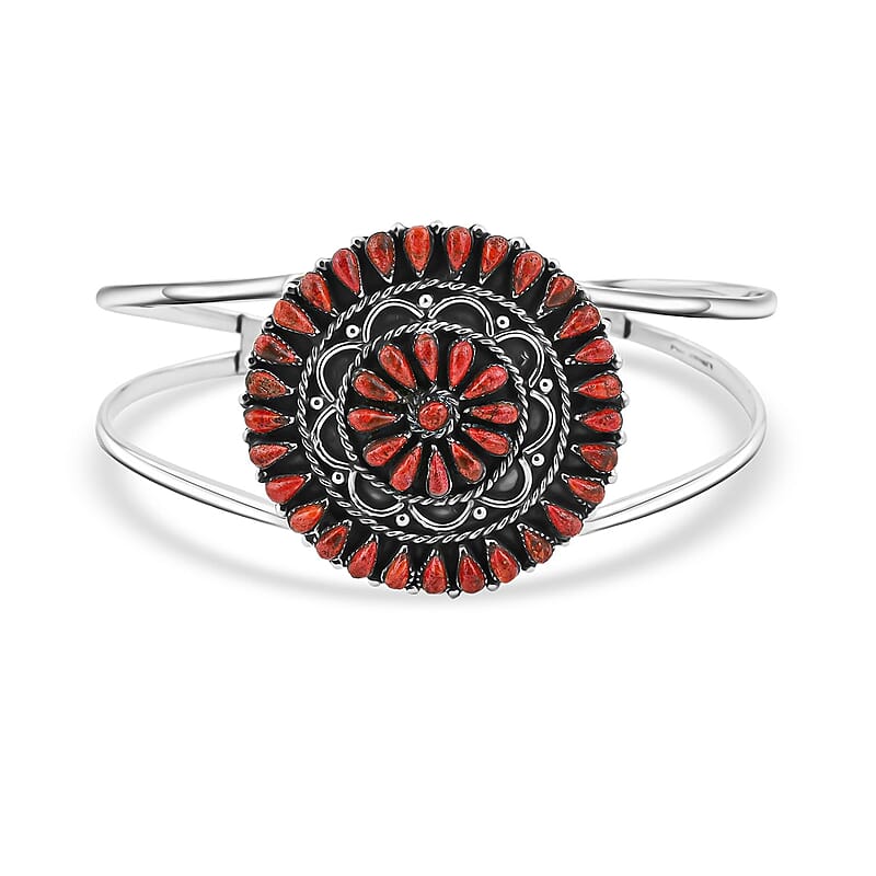 Santa Fe Style Red Coral Cuff Bracelet in Sterling Silver (Adjustable)