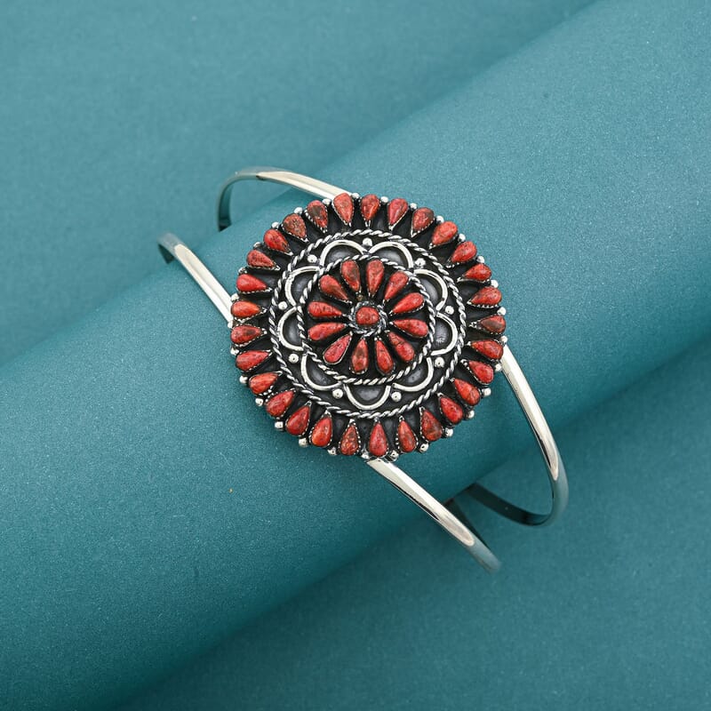 Santa Fe Style Red Coral Cuff Bracelet in Sterling Silver (Adjustable)