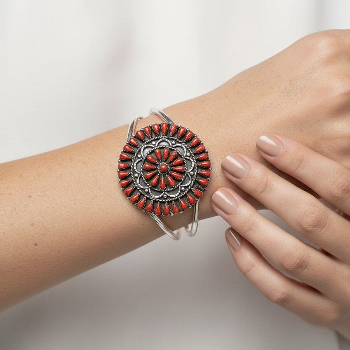 Santa Fe Style Red Coral Bracelet in Sterling Silver (Adjustable) image number 2