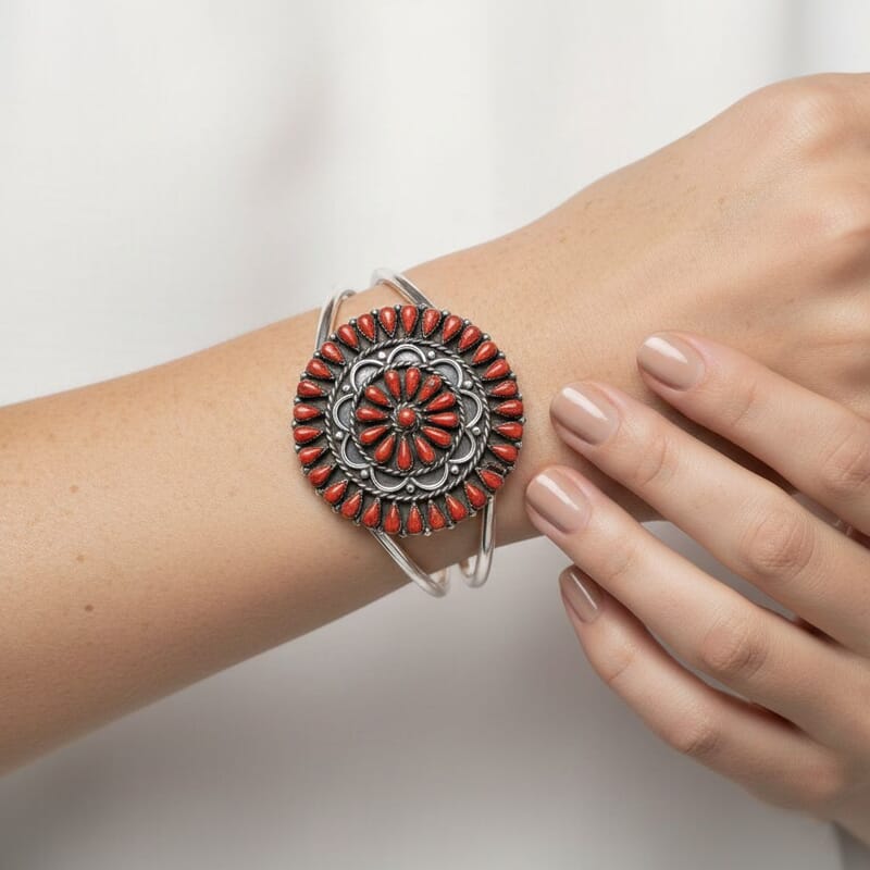 Santa Fe Style Red Coral Cuff Bracelet in Sterling Silver (Adjustable)