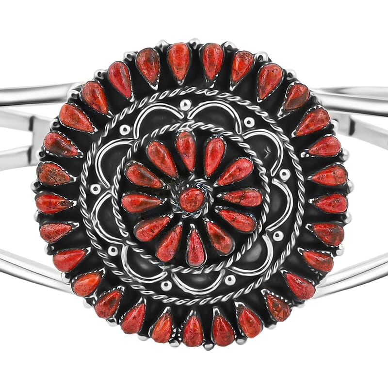 Santa Fe Style Red Coral Cuff Bracelet in Sterling Silver (Adjustable)