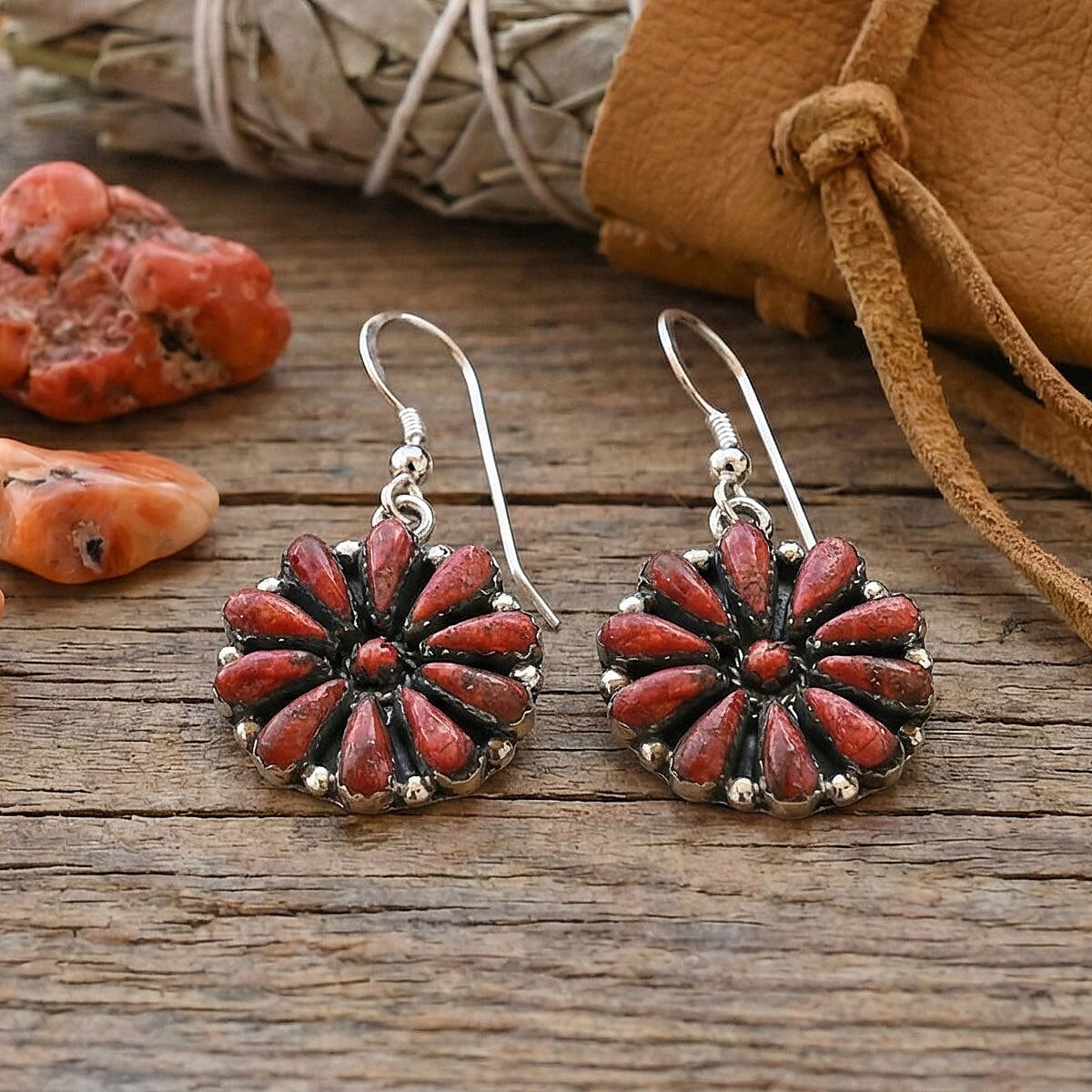 Santa Fe Style Red Coral Earrings in Sterling Silver 2.20 ctw image number 1
