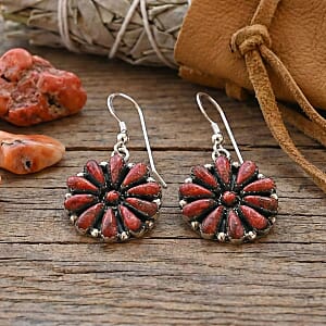 Santa Fe Style Red Coral Earrings in Sterling Silver 2.20 ctw