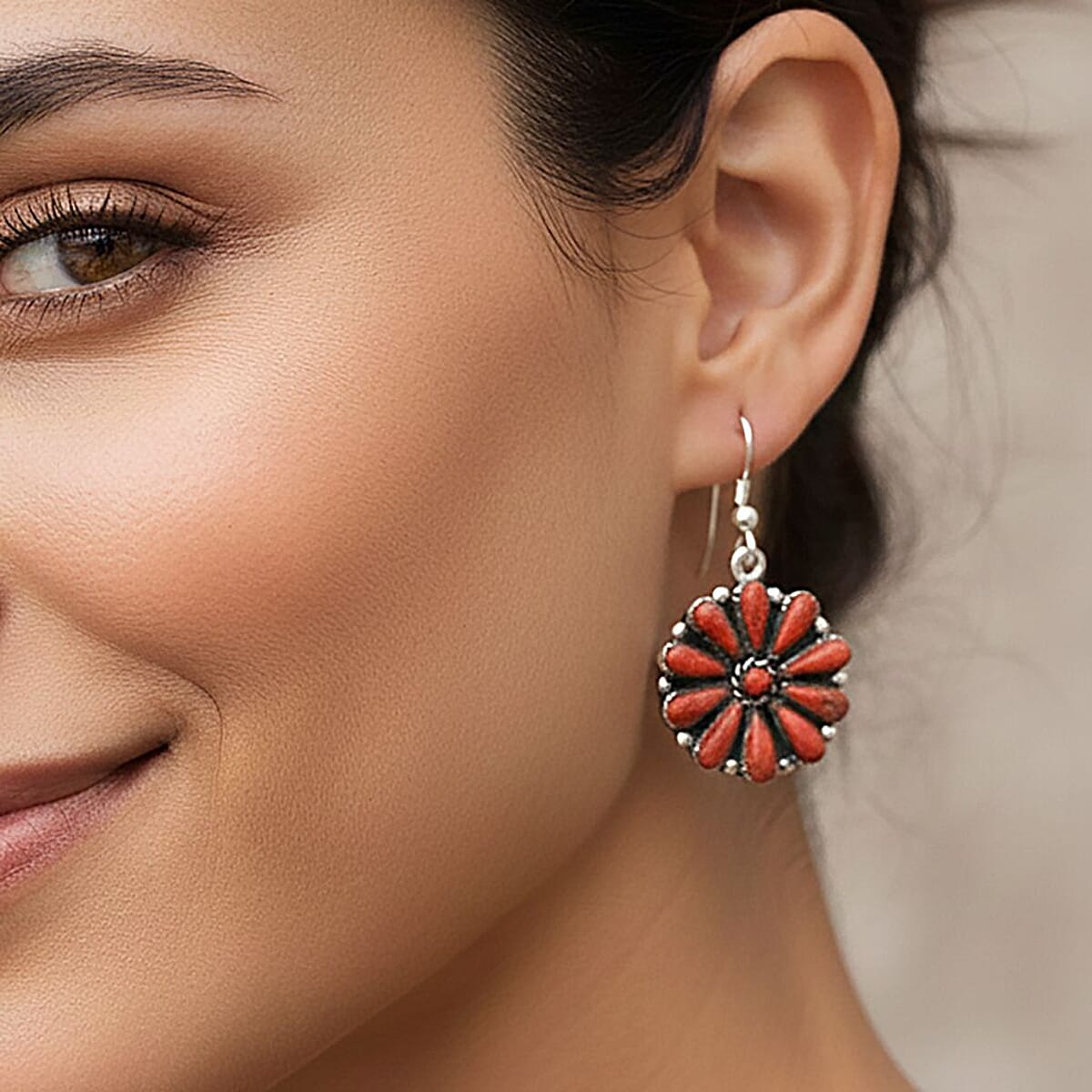 Santa Fe Style Red Coral Earrings in Sterling Silver 2.20 ctw image number 2