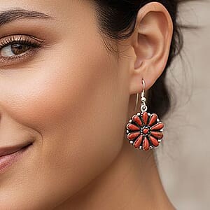 Santa Fe Style Red Coral Earrings in Sterling Silver 2.20 ctw