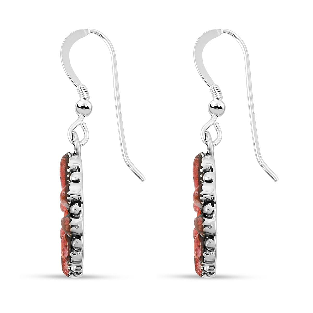 Santa Fe Style Red Coral Earrings in Sterling Silver 2.20 ctw image number 3