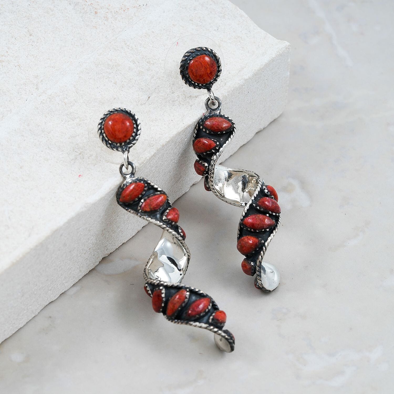 Santa Fe Style Red Coral Earrings in Sterling Silver