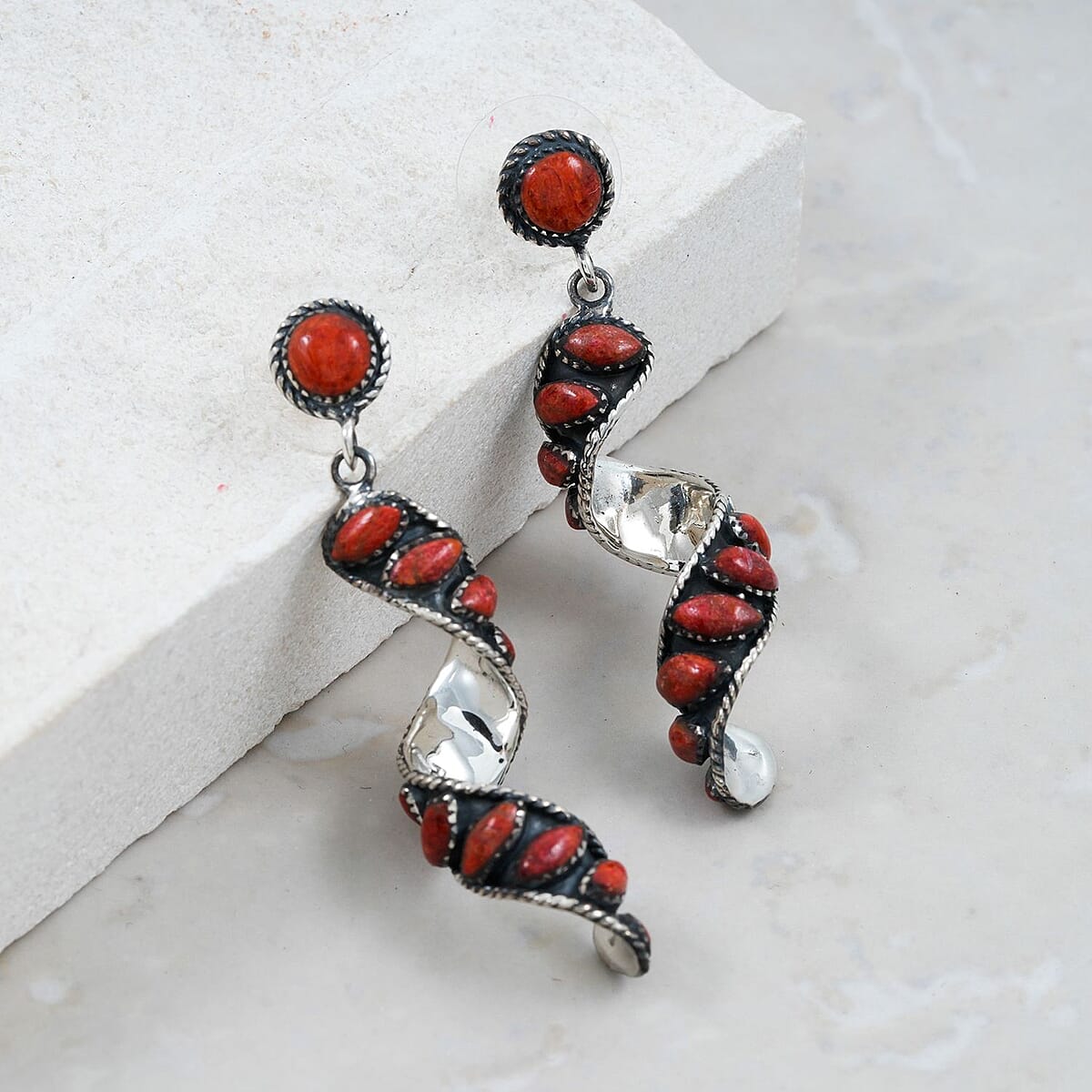 Santa Fe Style Red Coral Earrings in Sterling Silver image number 1