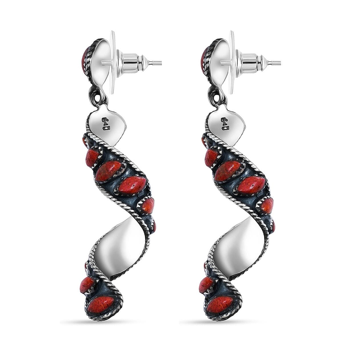 Santa Fe Style Red Coral Earrings in Sterling Silver image number 3
