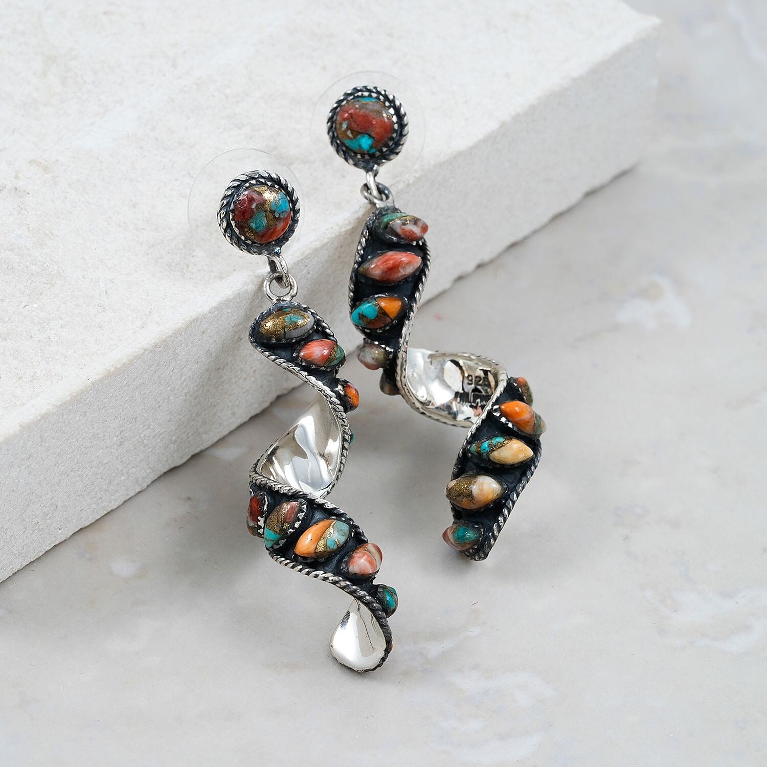 Santa Fe Style Spiny Turquoise 3.12 ctw Earrings in Sterling Silver