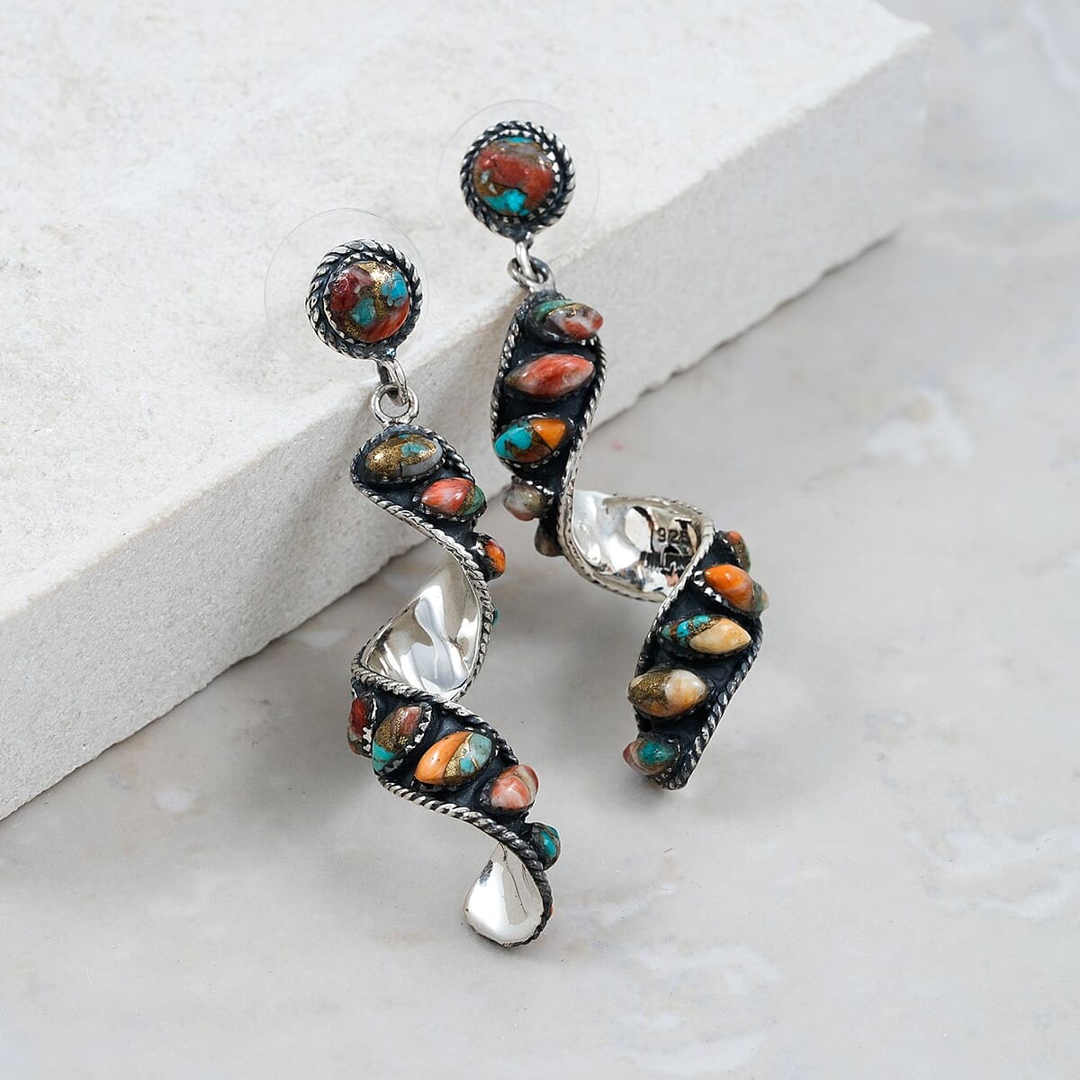 Santa Fe Style Spiny Turquoise 3.12 ctw Earrings in Sterling Silver image number 1