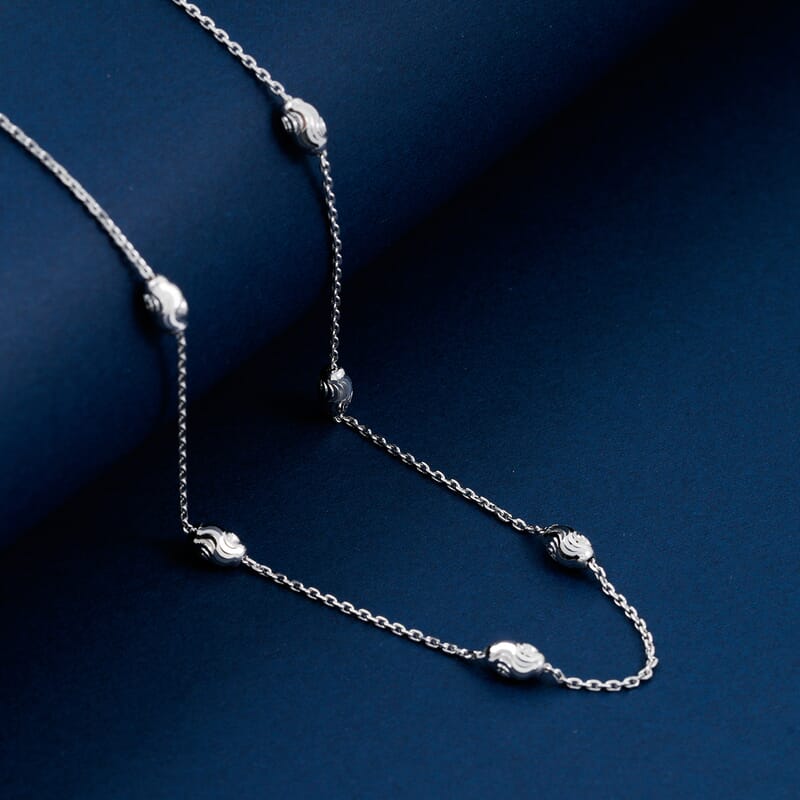 Italian 4mm Moon Cut Oval Bead Necklace in Rhodium Over Sterling Silver 6.20 Grams 26 Inches