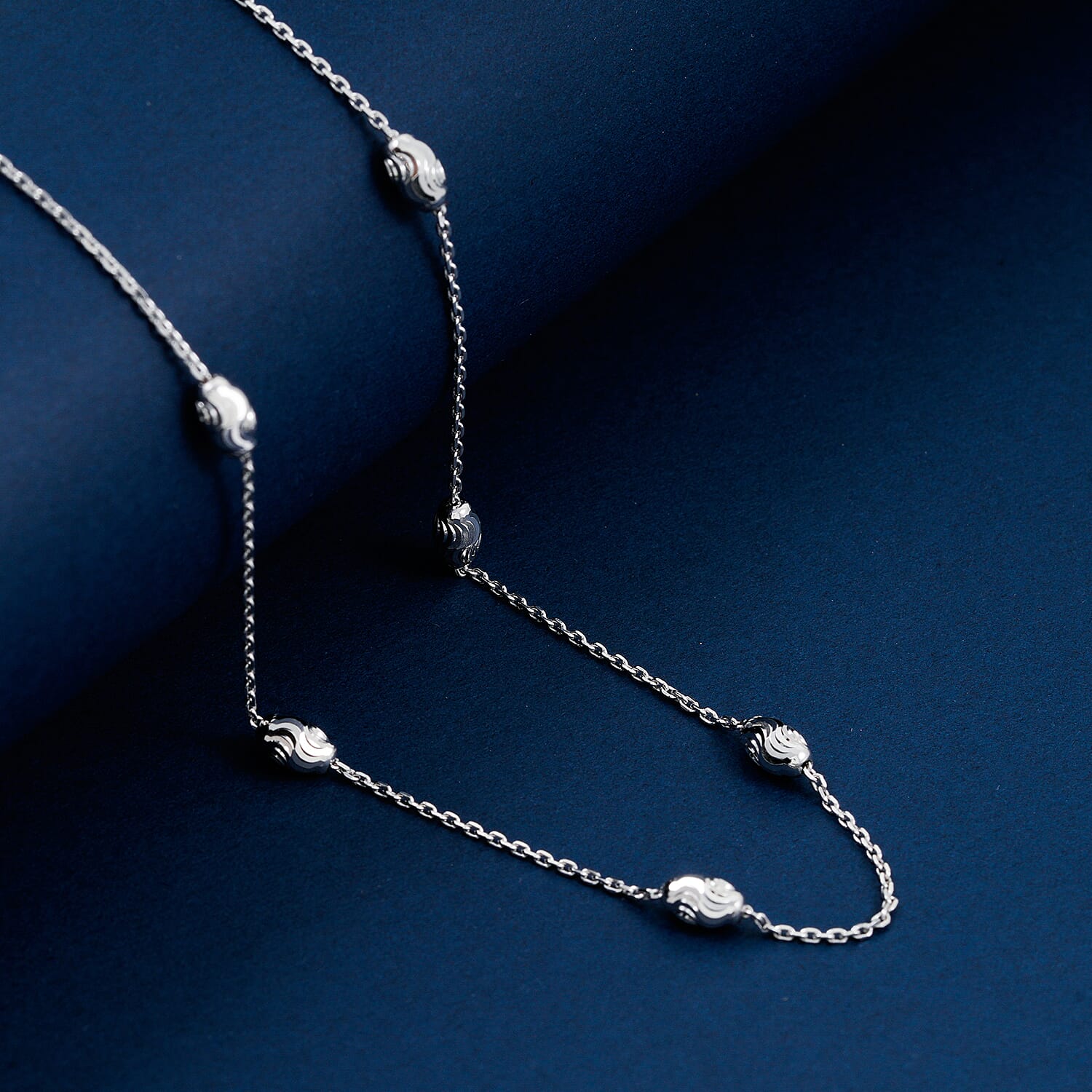 Italian 4mm Moon Cut Oval Bead Necklace in Rhodium Over Sterling Silver 7.64 Gams 30 Inches