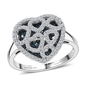 Luxuriant Lab Grown Blue Diamond (IR) and Lab Grown White Diamond (SI) 1.00 ctw Matrix Heart Ring in Rhodium Over Sterling Silver (Size 10.0) (Del. in 7-10 Days)