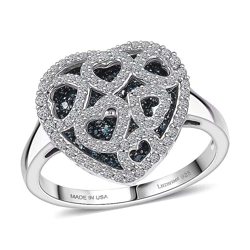 Luxuriant Lab Grown Blue Diamond (IR) and Lab Grown White Diamond (SI) 1.00 ctw Matrix Heart Ring in Rhodium Over Sterling Silver (Size 5.0)