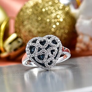 Luxuriant Lab Grown Blue Diamond (IR) and Lab Grown White Diamond (SI) 1.00 ctw Matrix Heart Ring in Rhodium Over Sterling Silver (Size 7.0) (Del. in 7-10 Days)