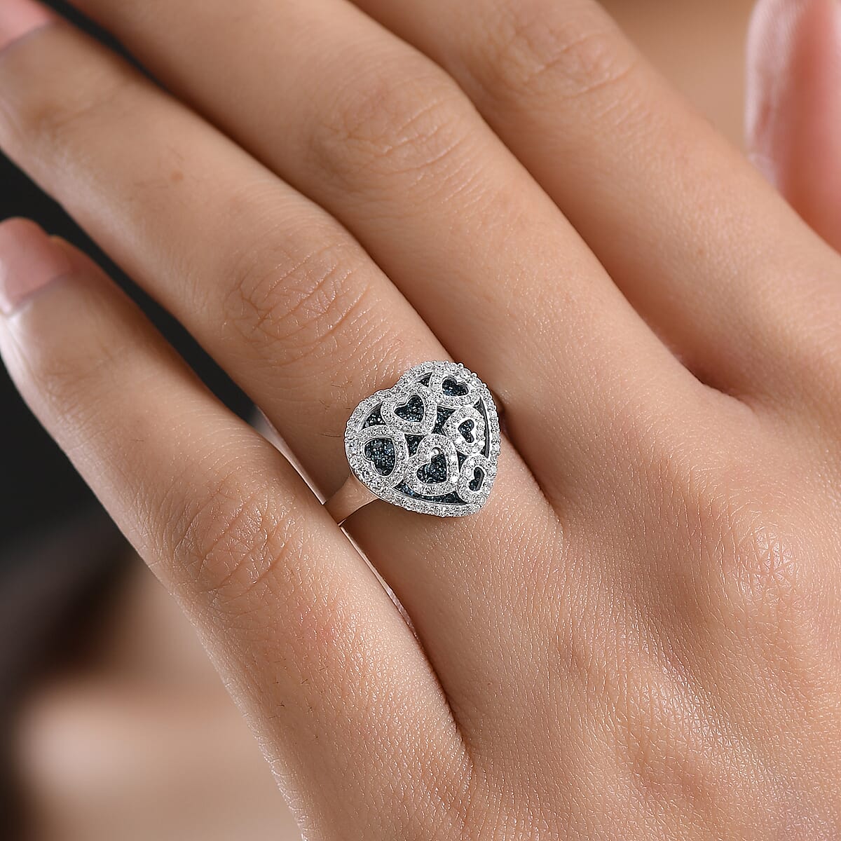 Luxuriant Lab Grown Blue Diamond (IR) and Lab Grown White Diamond (SI) 1.00 ctw Matrix Heart Ring in Rhodium Over Sterling Silver (Size 7.0) (Del. in 7-10 Days) image number 2