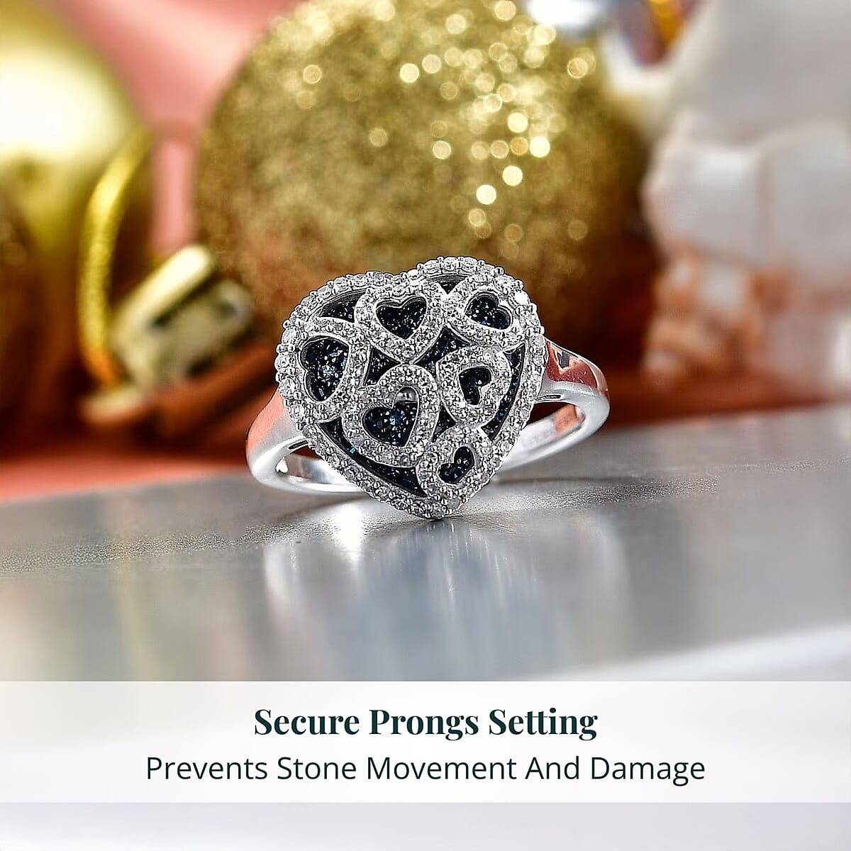 Luxuriant Lab Grown Blue Diamond (IR) and Lab Grown White Diamond (SI) 1.00 ctw Matrix Heart Ring in Rhodium Over Sterling Silver (Size 8.0) image number 4